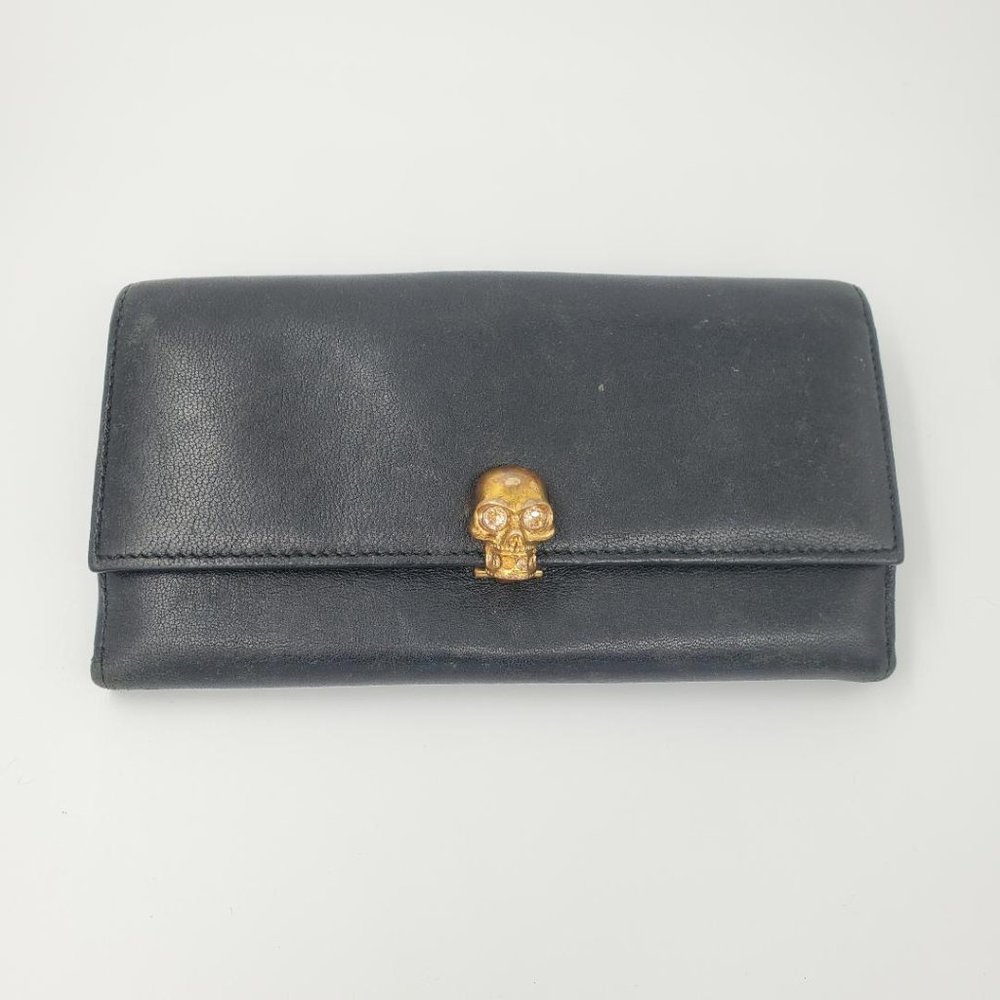 Alexander McQueen Black Continental Leather Gold Skull Folding Wallet